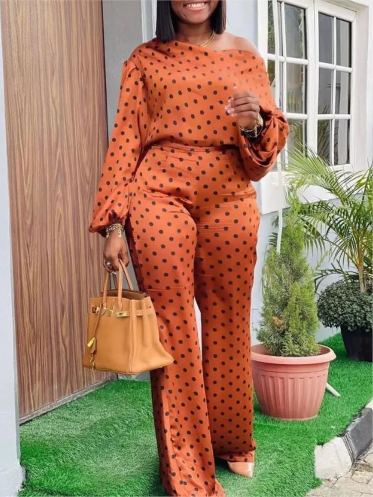 

Elegant Two Piece Sets Outfit Women Polka Dot Print Lantern Sleeve Top & Casual Loose Pants Set 2023 Summer New Fashion