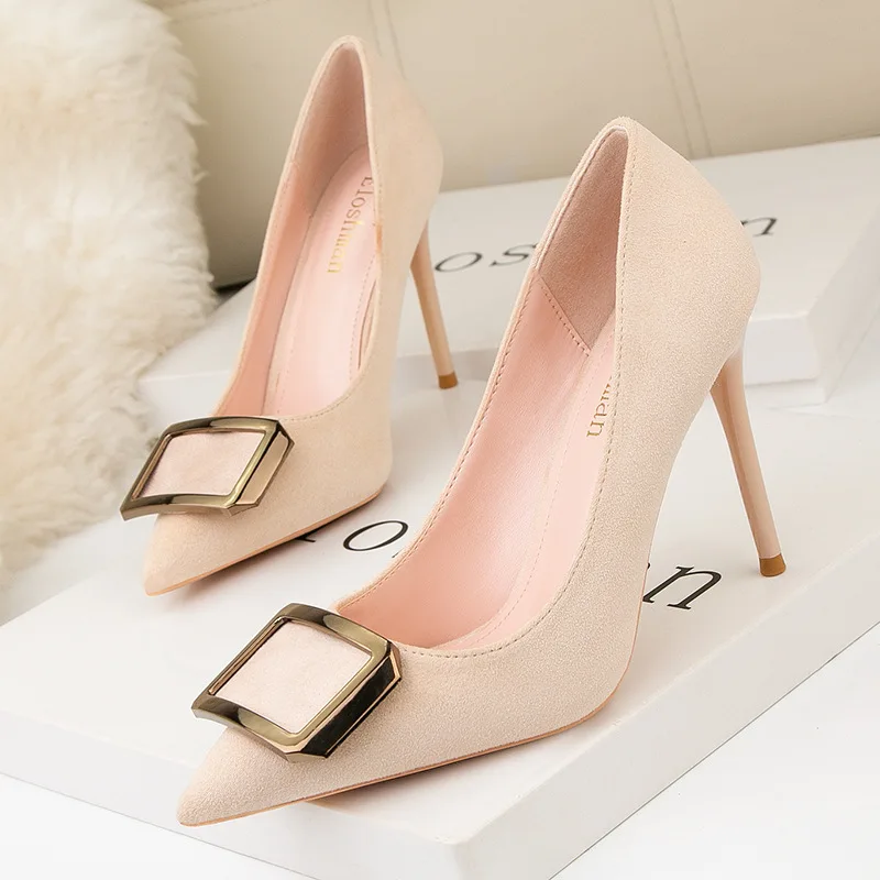 

Fashion Women Pumps Flock 6CM~9.5CM Thin High Heels Pointed Toe Metal Square Button Classics Office Spring Autumn shoes woman