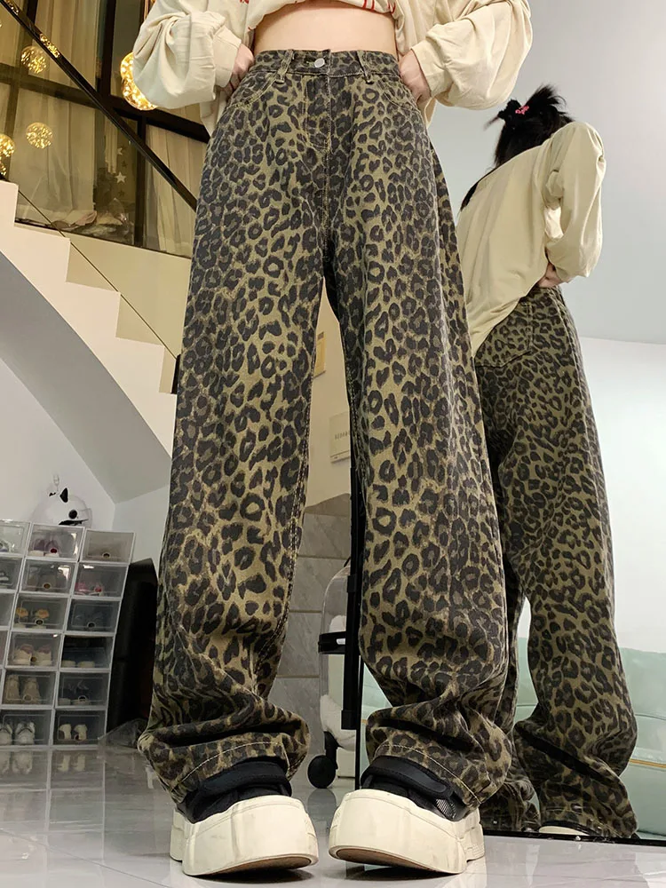 

Women Wide Leg Straight Baggy Leopard Jeans 90s Vintage High Street Pants Lady Casual Punk Y2K Gothic Cargo Painted Trousers