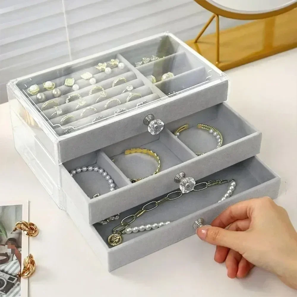 Acrylic Velvet Jewelry Organizer and Storage with 3 Drawers, Small Jewelry Box for Women, Necklace Rings Earring Display Holder 4