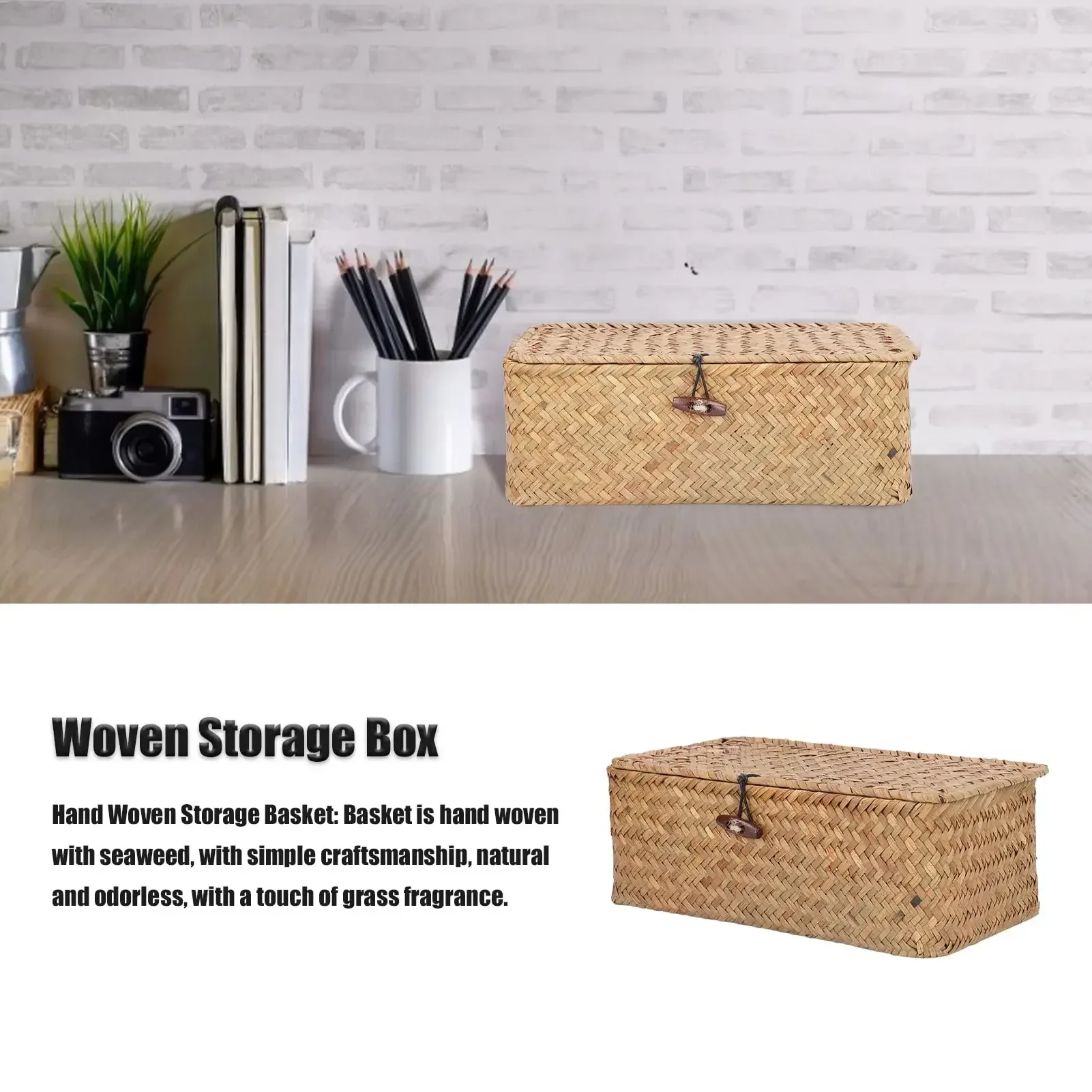 Description Picture 6 of itemHandmade storage basket with lid, rectangular seaweed, rattan fabric, cosmetics, multi-purpose container, natural box