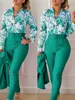 Elegant Women Printed Two Piece Suit Sets Spring Autumn V Neck Long Sleeve Shirt Top & Long Pants Set With Belt Workwear Outfits 5