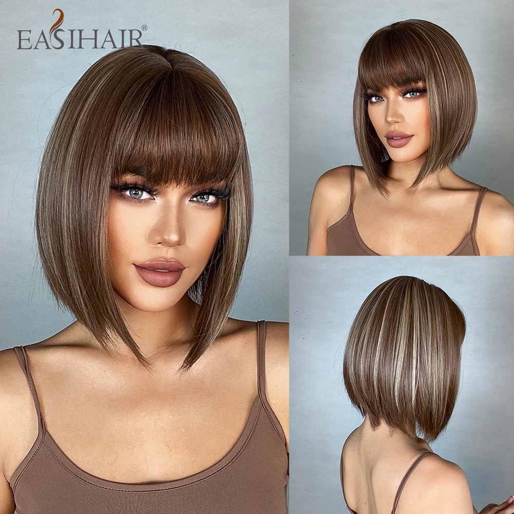 

EASIHAIR Brown Short Bob Hair Wig Blonde Highlight Natural Synthetic Wigs with Bangs for Women Daily Cosplay Wig Heat Resistant