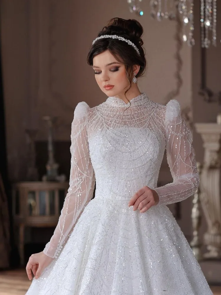 Luxury A-line Pearls Wedding Dresses High Neck Beaded Long Sleeve Bridal  Gowns | eBay