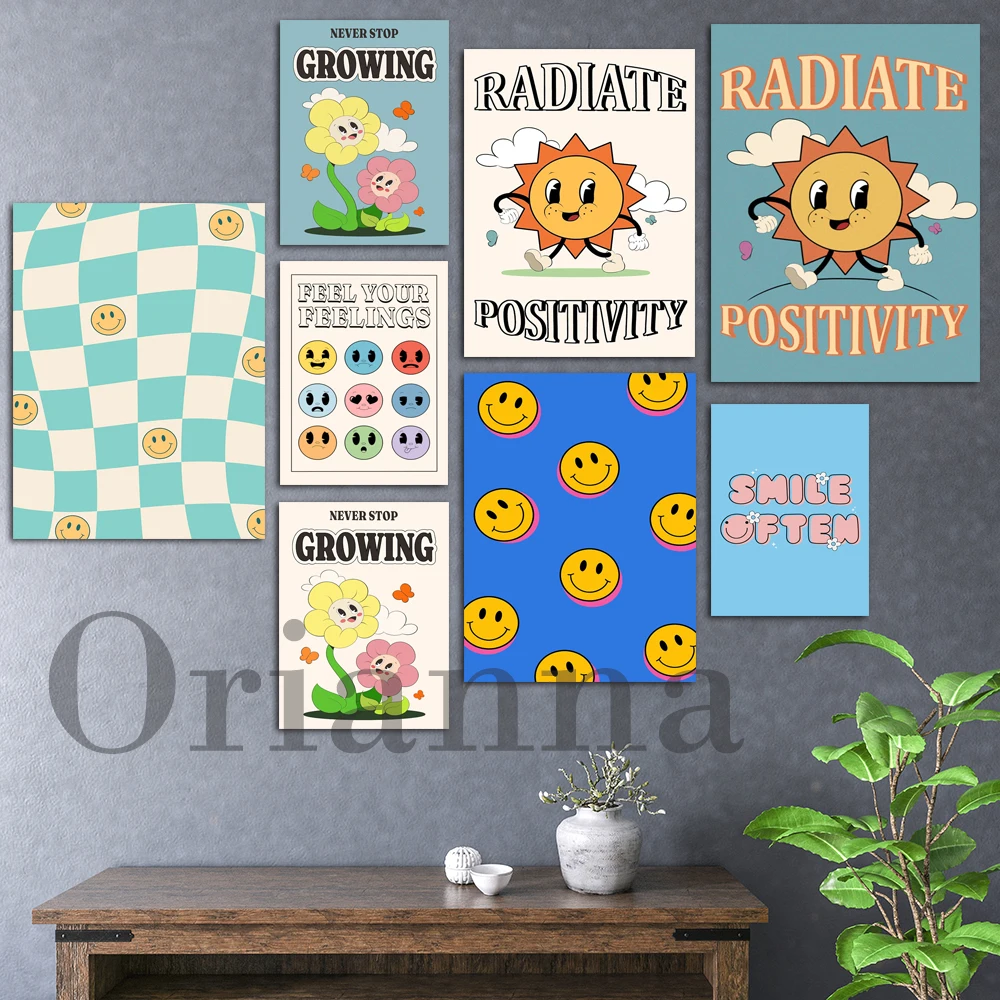 Poster Di Arte Della Parete Con Citazione Retrò, Decorazioni Anni '70, Sole, Faccina Sorridente, Arte Della Parete Del Fiore Di Affermazione, Decorazi