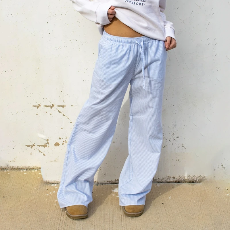 Pantalones anchos a rayas de moda elegante para mujer, ropa de calle coreana, informales, con cordón, de cintura alta, sueltos, rectos, largos, ropa de estar por casa