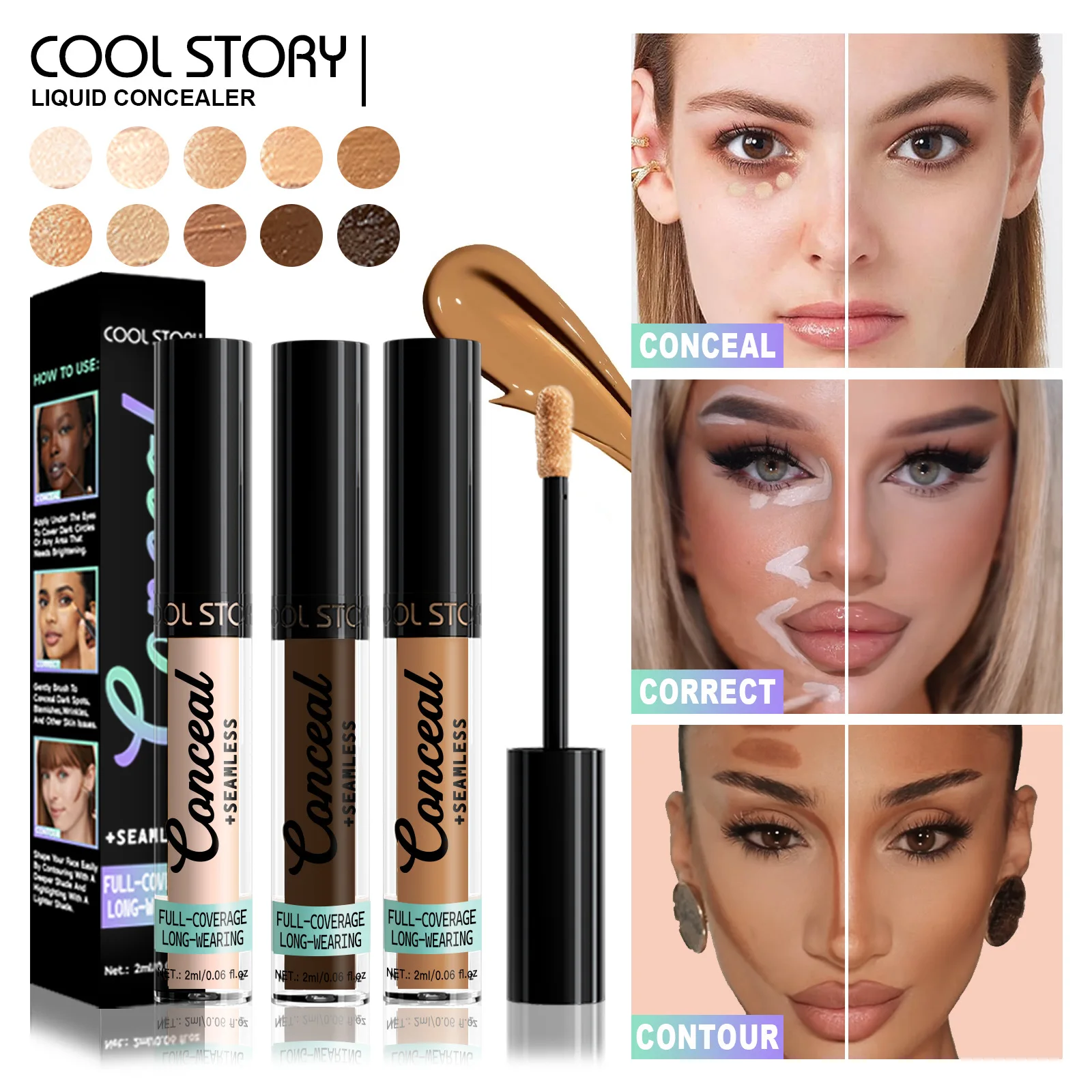 10-Color Full Coverage Concealer,Natural Long-Lasting, Matte Finish, Lightweight Formula, Dark Shade Options for All Light Beige