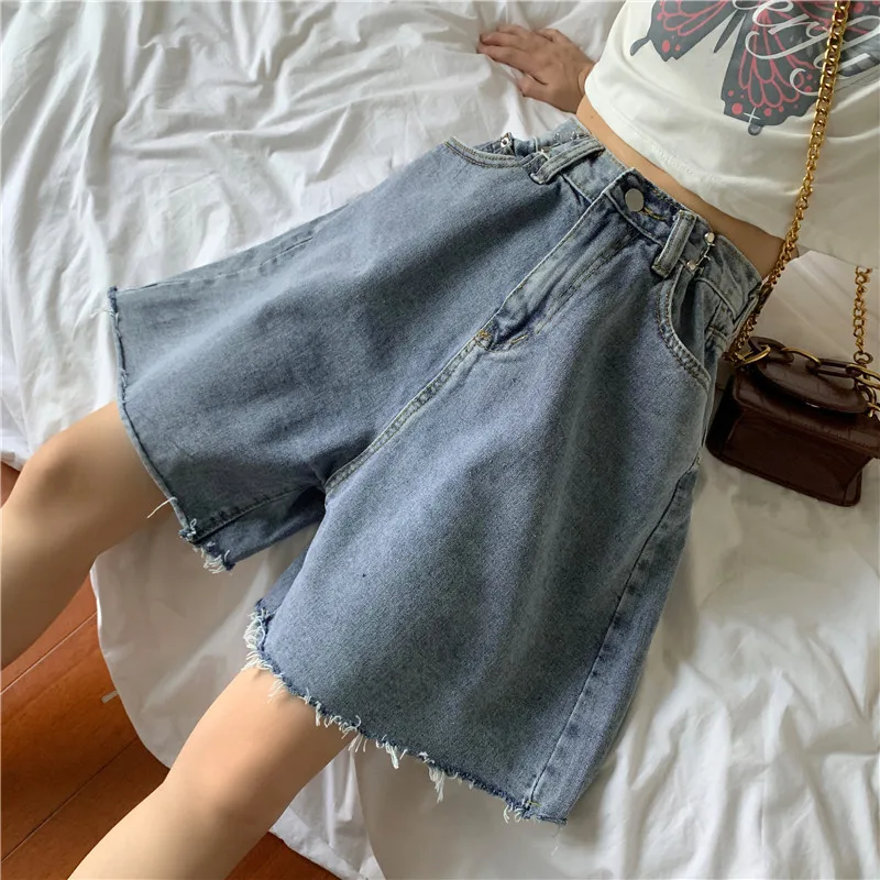 shorts women Loose High Waist Denim Shorts Women 2021 New Korean Raw Edge Straight Wide Leg Pants Thin Versatile Female Pants Shorts Blue womens clothing