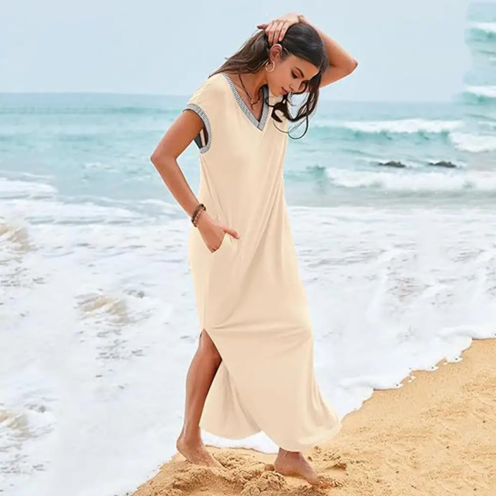 

Women V-neck Dress Sequin Embellished Dress Stylish V Neck Maxi Dress with Pockets for Women Summer Beachwear with Side Split