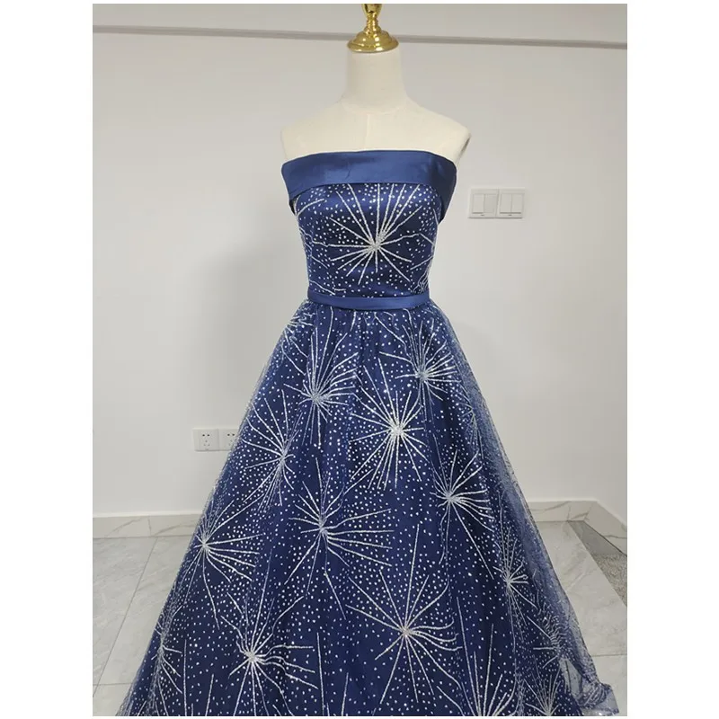 New Dark Blue Quinceanera Dresses Classic Off The Shoulder Tulle Party Ball Gown Simple Fashion Sequin Shining Banquet Vestidos