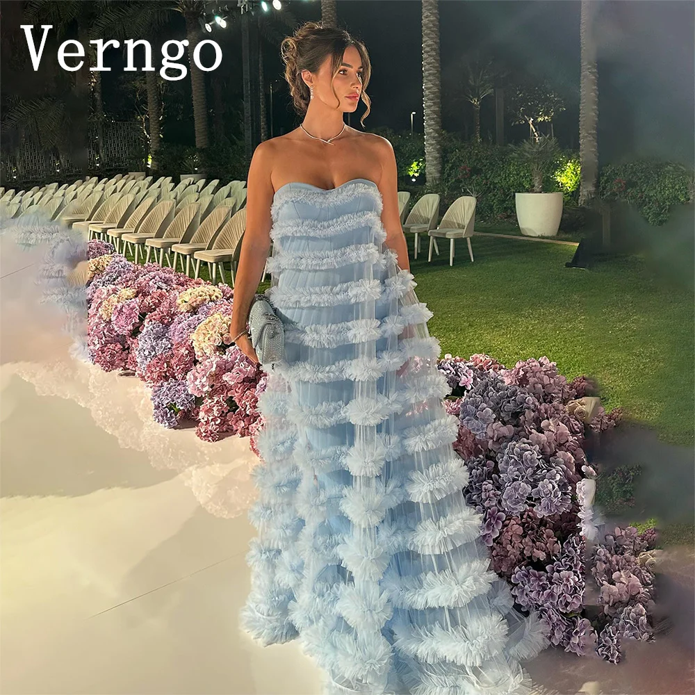 

Verngo Blush Blue Tulle Prom Gowns For Women Sweetheart A Line Formal Occasion Dress Simple Tiered Evening Dress