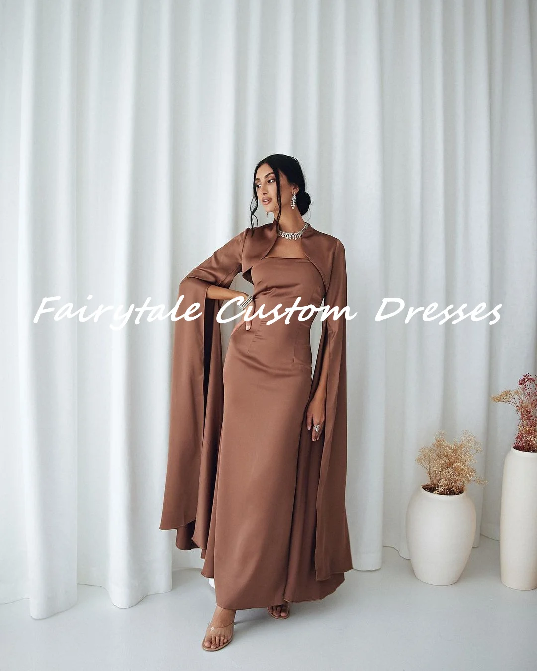 

Fairytale Brown Long Sleeves Zipper up Scoop Neckline Formal occasion dresses Luxury evening dresses 2024 Birthday Dresses Luxur