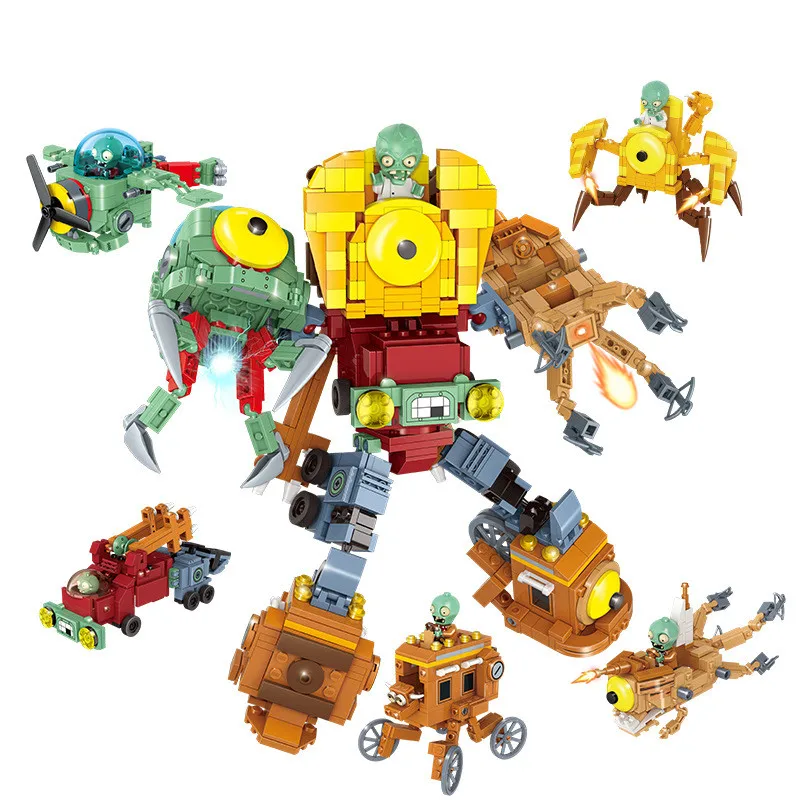 Plants vs. Zombies Building Block Space-time Shuttle Mech Rugby Small Particles 5-in-1 Mecha Zombie Boss Child Gift Shoot Toys puzzle toys building blocks toys