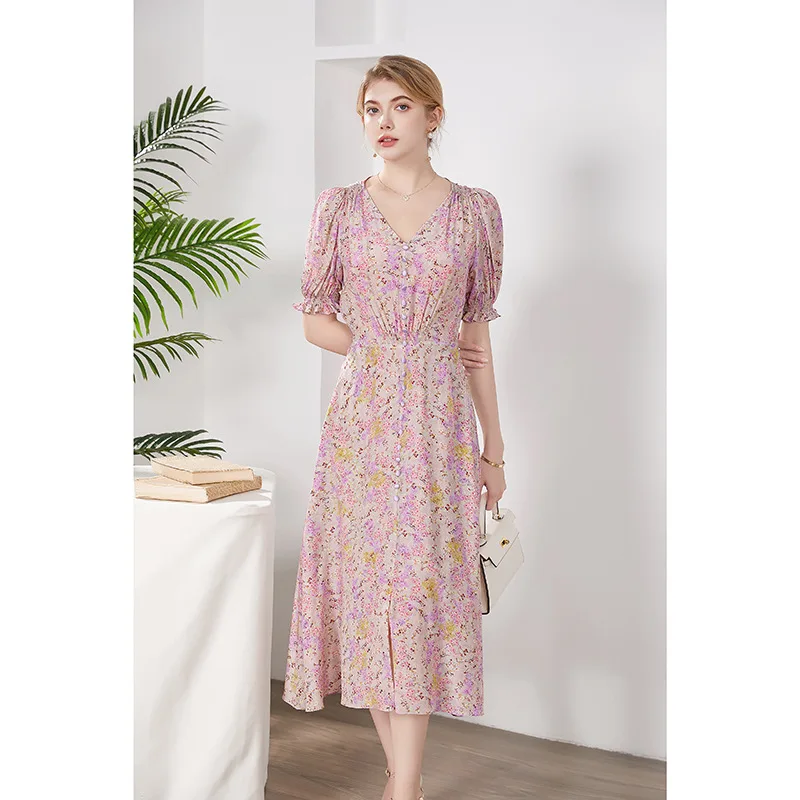 

Floral Silk Dress with V-neck, French Skirt, Summer Waist, Gentle Wind, Youth Sense, Mulberry Silk, D4147