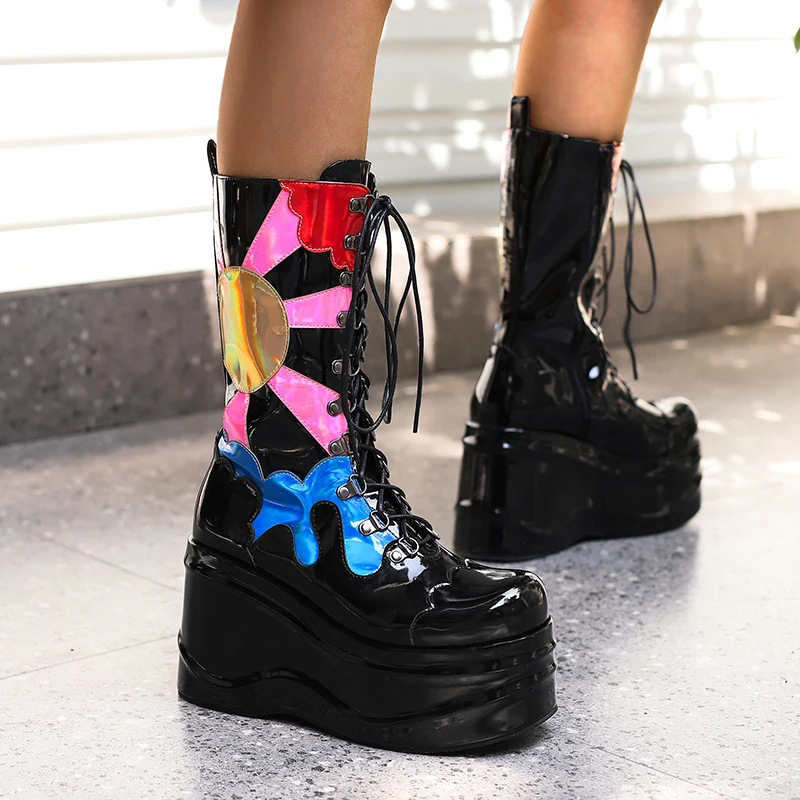 

2022 Winter New Punk Goth PU Patent Leather Sun Patchwork Lace-up Platform Flats Shoes Mid-calf Women Wedges Motorcycle Boots