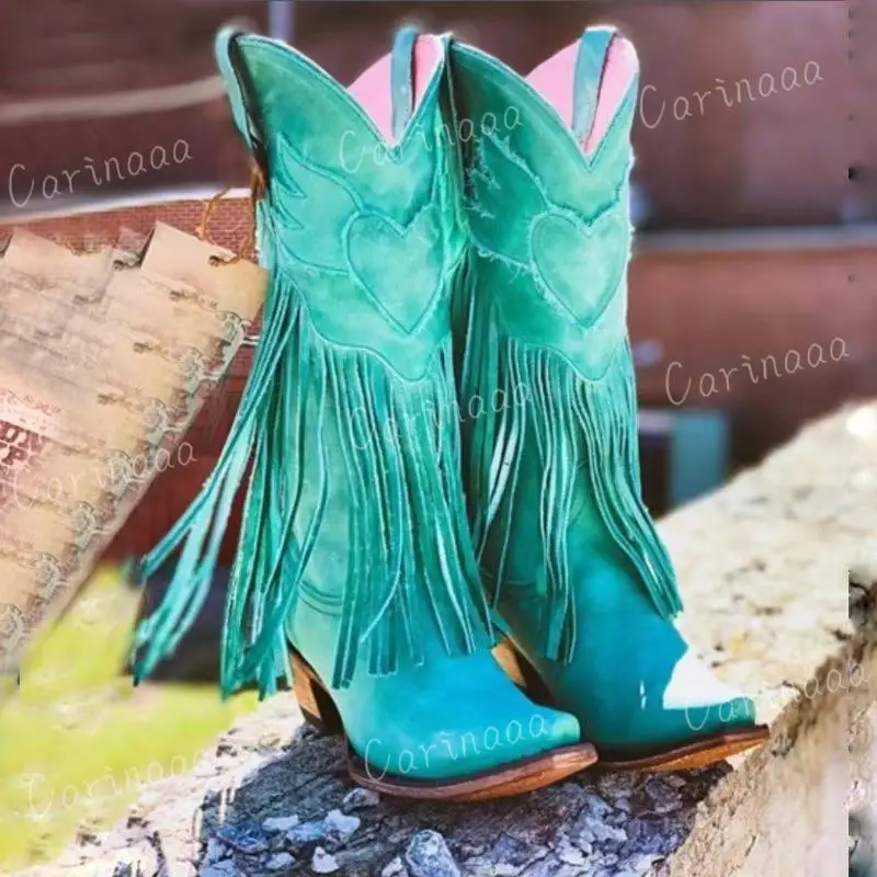 Cowboy Boots Shoes For Women PU New Tassel Chunky Heels Pointed Toe Green Red Western Boots Fashion Slip-on Wedge Boots Female