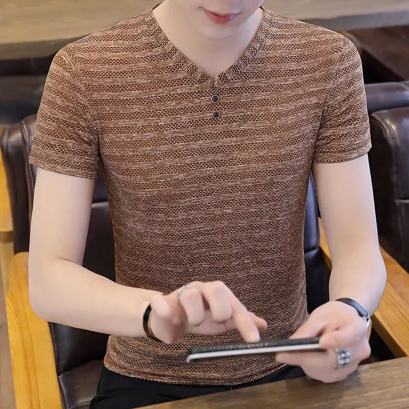

Men 2023 Summer Fashion Ice Silk Casual T Shirt Male Breathable Short Sleeve Slim Tops Men V-neck Hollow Out T-Shirts H80