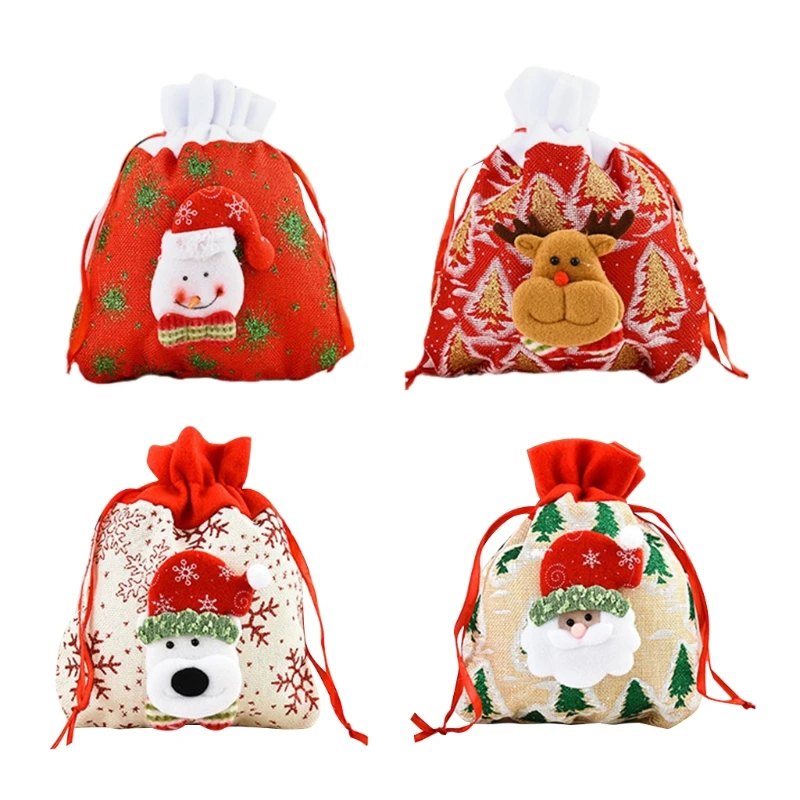 

4Pcs Christmas Candy Bags with Drawstring 3D Snowman Santa Treat Storage E74B