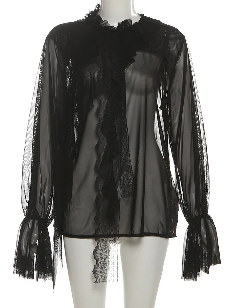 Nibber Solid Sexy Mesh Coquette Top Women Lace Ribbon Backless Button Ruffles Pure Desire Wild Street Midnight Clubwear Tees