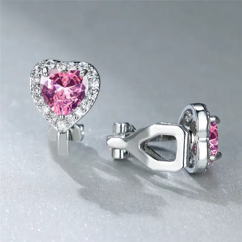 Vintage Black Stone Clip Earrings Pink Crystal White Zircon Love Heart Earrings For Women Dainty Silver Color Birthstone Jewelry