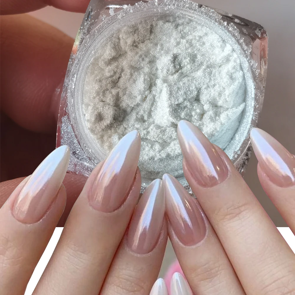 1 Bottiglia Moon-Mirror Nail Powder Pigment Pearl White Sfregamento Su Glitter White-Light Nail Art Glitter Dust Chrome Aurora Powder D