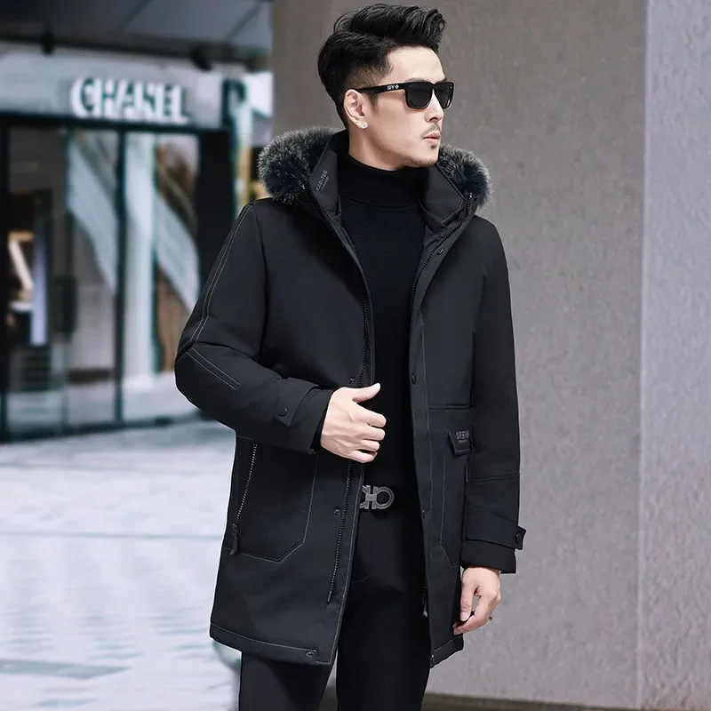 thumbnail image 1 of Chaqueta larga con cuello de piel de zorro sintética para hombre, ropa de diseñador para hombre, chaqueta de invierno con relleno de pato de lujo para hombre, abrigo de invierno cálido para hombre, 1 of 4