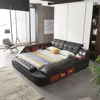 Multifunctional King Bed Frame, Modern Luxury Smart Bed with Massage Recliner on Right/Music Speaker/USB Port/Storage Drawers 1