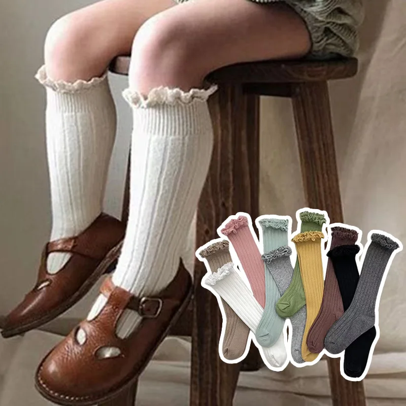 

Ruffles Kids Knee High Socks Baby Girls Toddlers Long Soft Cotton Sock Lace Flower Children School Uniform Socks For 0-9 Years