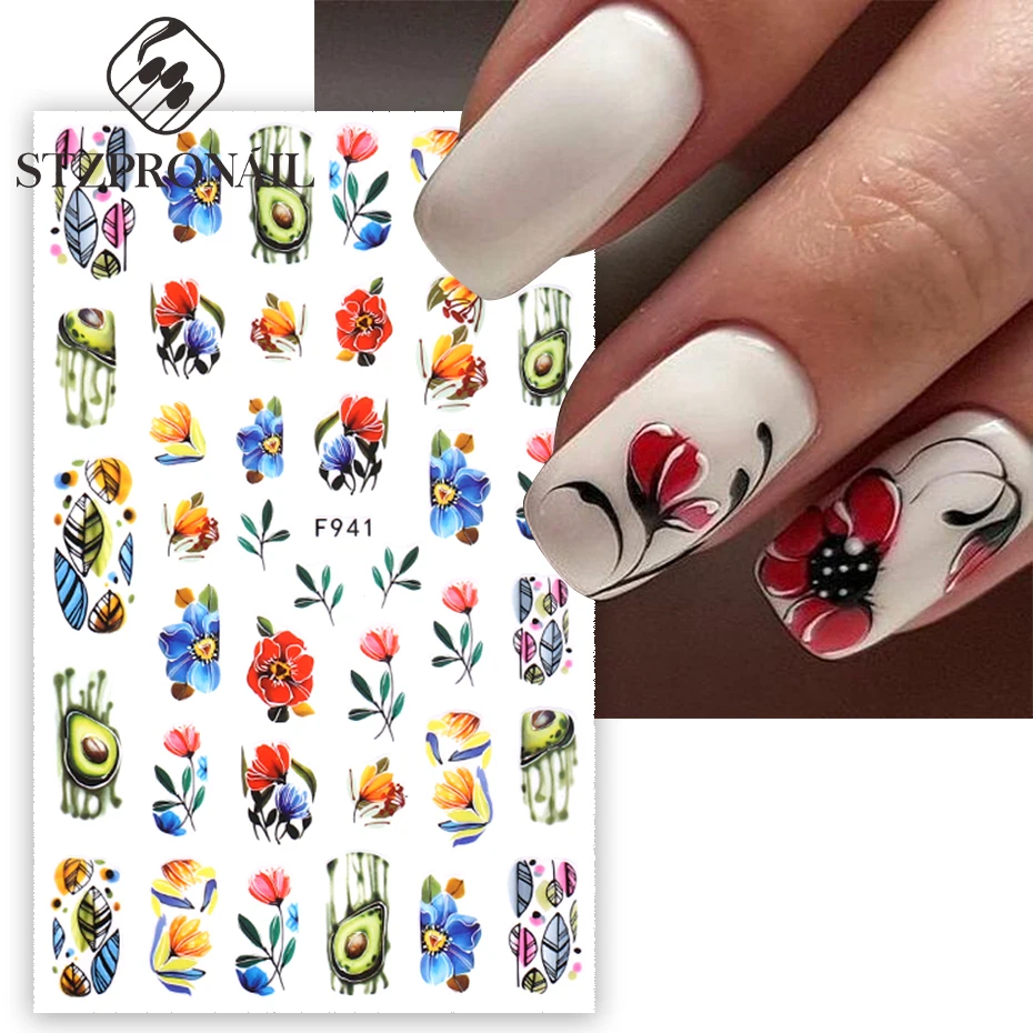 

3D Colorful Flowers Nail Stickers Grass Leaf Petal Rose Sunflower Fruit Summer DIY Decals Elegant Nail Art Decorations Tips SLF