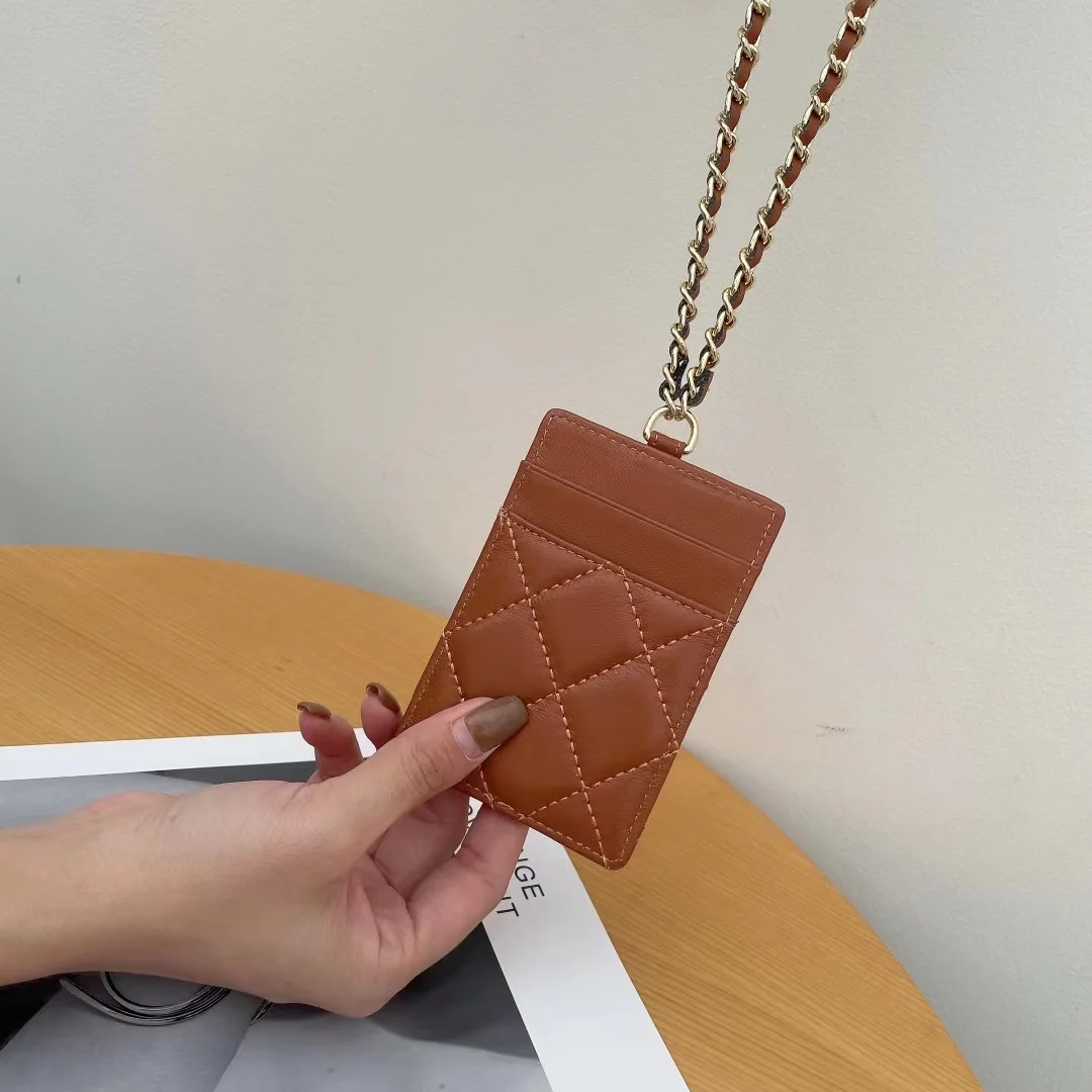 Korean version fashion simple work card set ultra-thin sheepskin mini ID card set genuine leather halter chain card holder