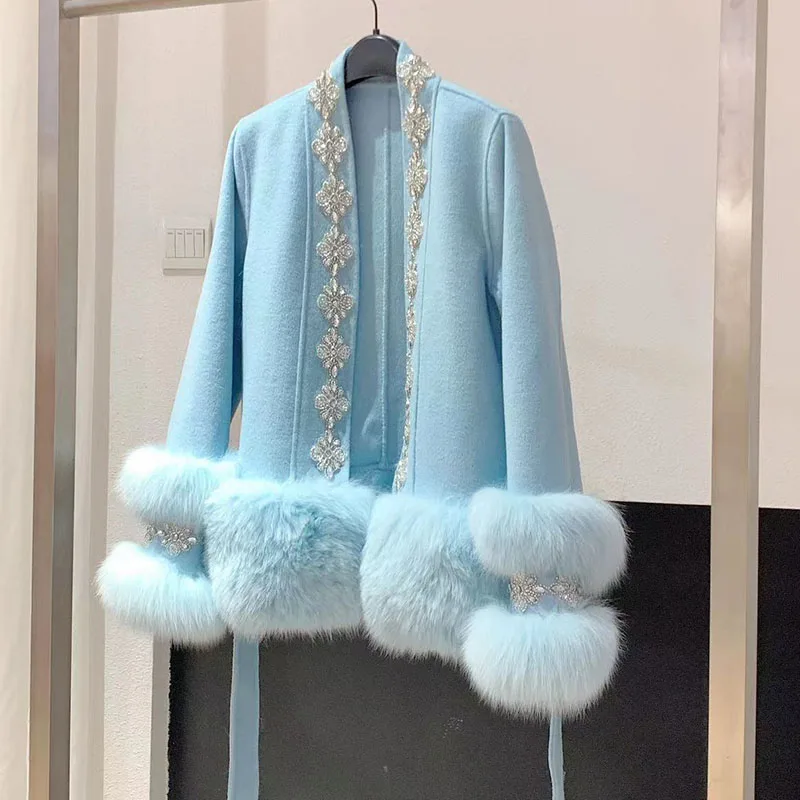 

Женское шерстяное пальто с натуральным лисьим мехом, модное толстое пальто из натурального Лисьего меха, женская модная зимняя куртка с поясом, 2023