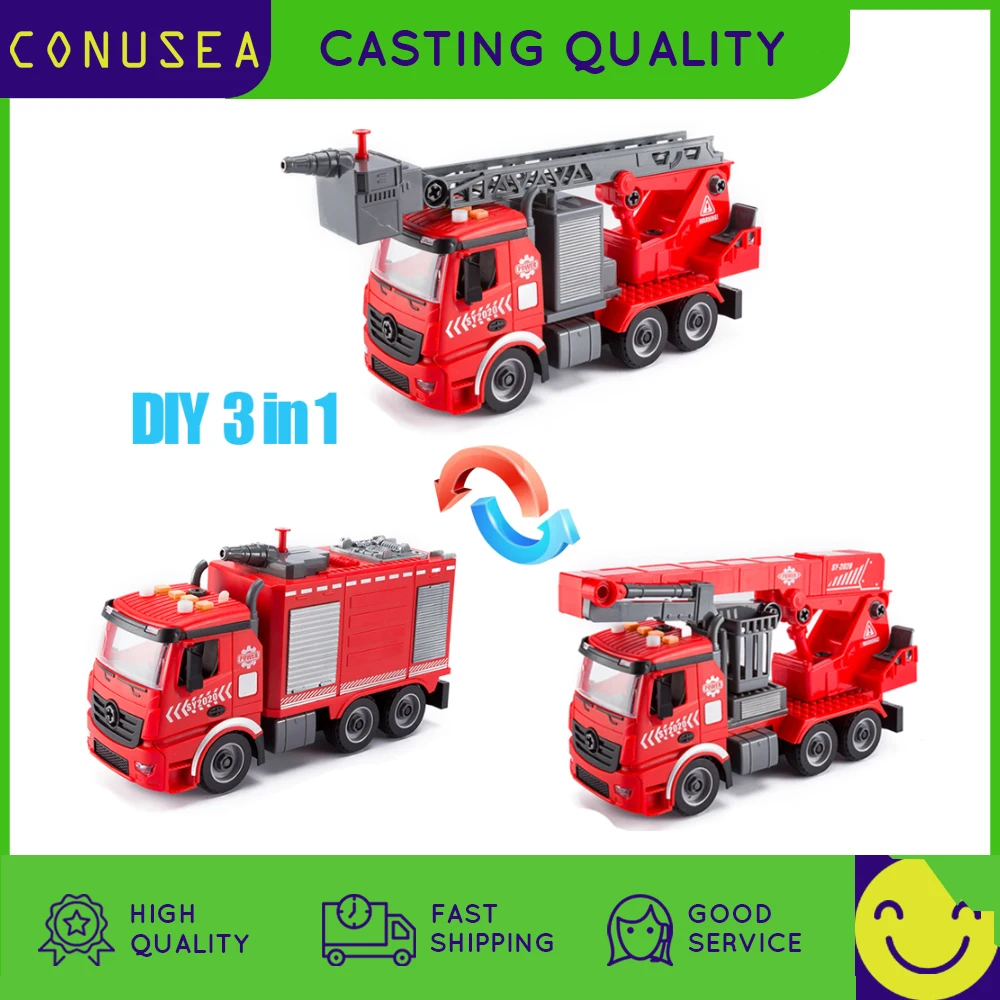 3 IN 1 DIY  Disassembly Screw Fire Truck Model Engineering Truck Excavator Bulldozer Kids Screw Boys Tool Education Toys Car kid