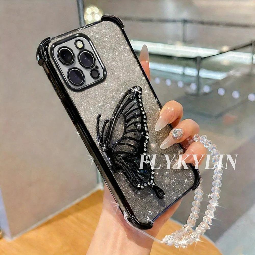 Flowing Sand Butterfly Bracket with Crystal Chain Soft Phone Case