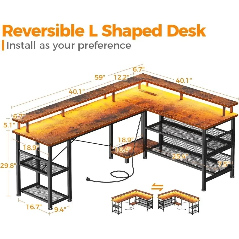 "59" l-shaped gaming desk with integrated power and usb ports, led-illuminated corner desk with storage"