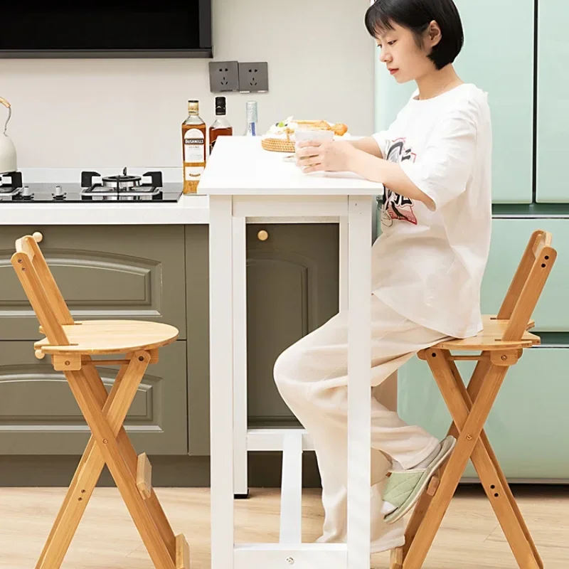 Bamboo Foldable Bar Chair Portable High Counter Stool Space Saving Backrest Nordic Coffee Shop Dining Furniture