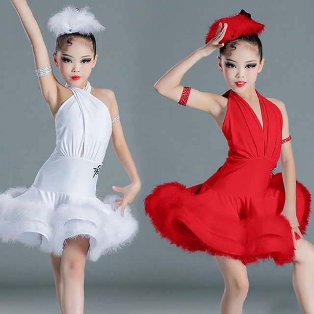 Girls Professional Latin Dance Dress White Fur Latin Dress Ballroom  Competition Clothes Dresses Kids Chacha Salsa