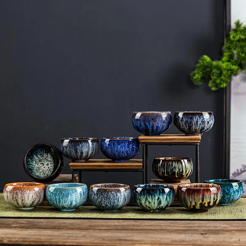 Vintage Multicolor Kiln Fambe Ceramic Teacup Chinese Style Retro Handmade Tea Cup Temmoku Glaze TeaSet Home Bowl Master | Дом и сад