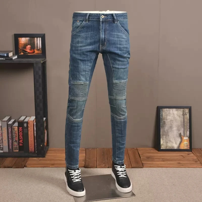 High Street Fashion Men Jeans Retro Blue Slim Fit Spliced Biker Jeans Homme Zipper Designer Hip Hop Pants Men Wrinkled Trousers