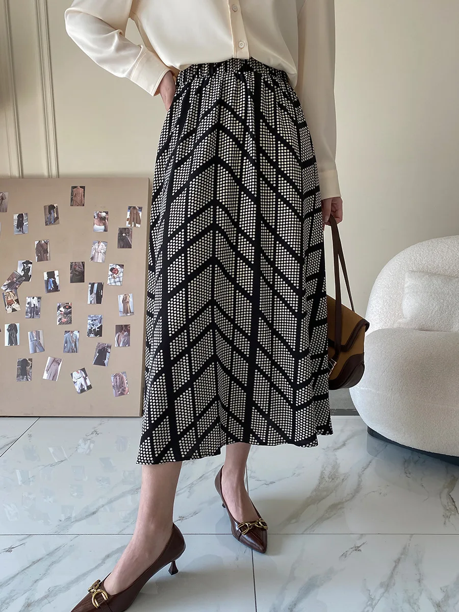 2022 Spring New Korean Fashion Vintage Print Skirts High Waist Slim A-line Drape Midi Skirt Office Lady Elegant All-match Faldas blue skirt