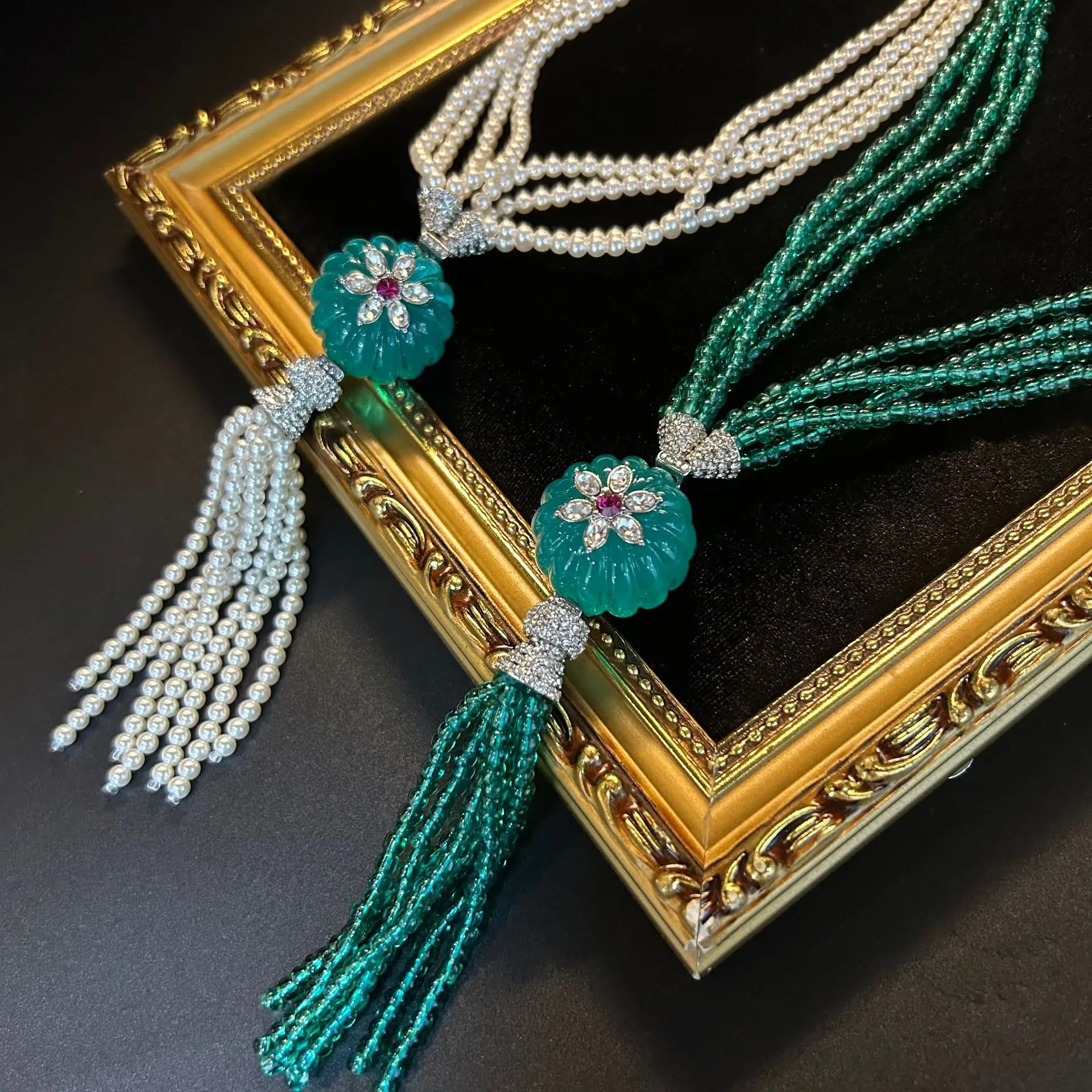 قلادة شرابة مطرزة يدويًا، تضمين كامل، طلاء الذهب ا...