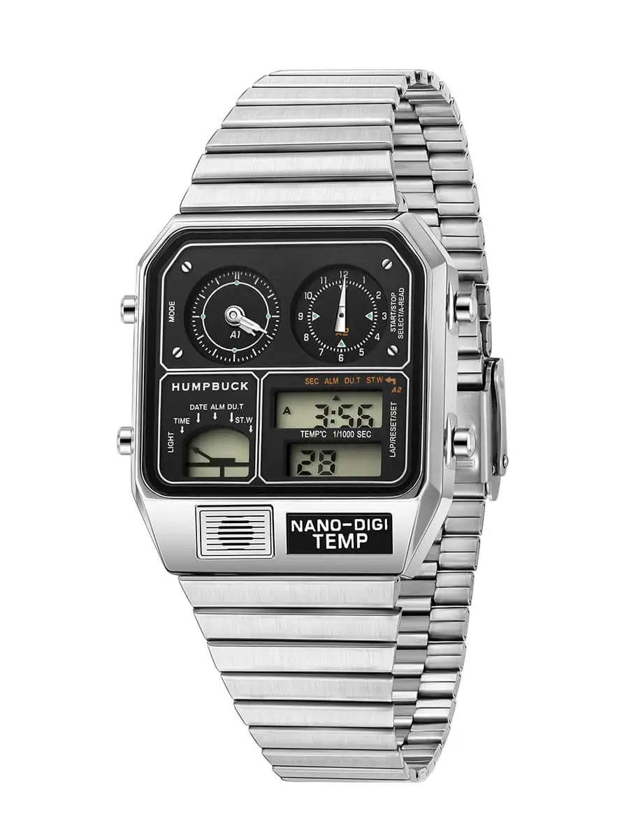 ساعات HUMPBUCK DIGITEMP بتصميم كلاسيكي من الفولاذ المقاوم للصدأ للرجال مع شاشة عرض رقمية LED وتقويم درجة الحرارة