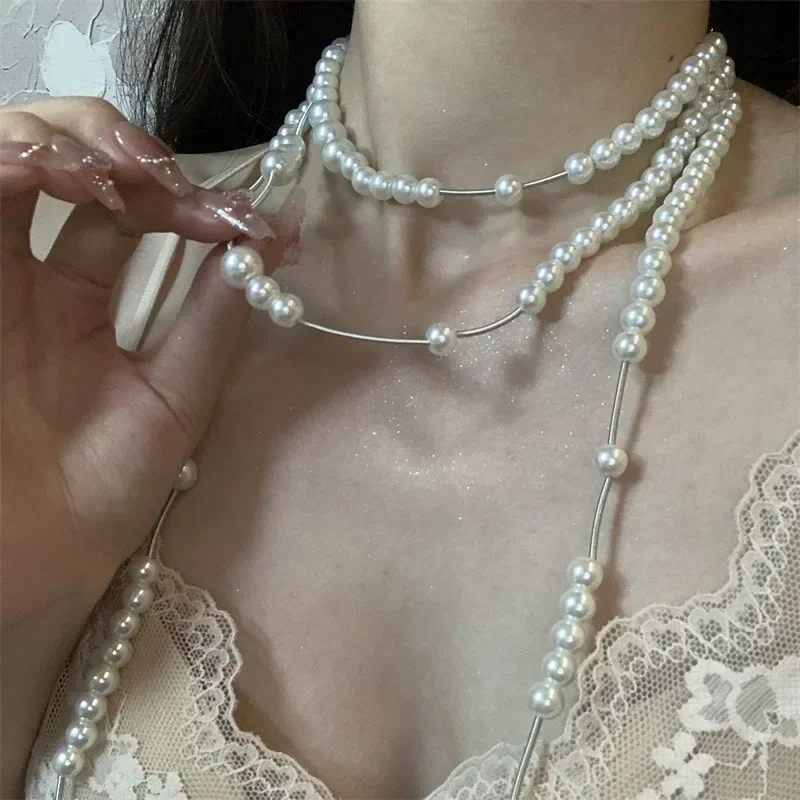 Retro Pearl Necklace For Woman Asymmetrical Long Collarbone Chain More Wear Saturn Necklaces