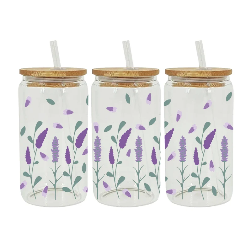 Lavender Flowers Pattern 3D UV DTF Transfer Sticker For 16oz Libbey Glasses Wraps Bottles Cup Sticker D17696 dtf transfer sticker