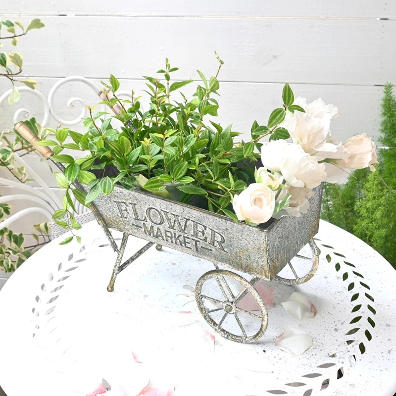 Vintage Wrought Iron Handcart Planter Unique Garden Storage Flower Pot Outdoor Decorative Ornament Courtyard Patio Yard Decor