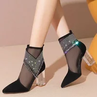 Rubber Soled Dance Boots Women 2025 Spring Pointy Rhine-diamond Tassel High Heel Mesh Latin Jazz Modern Dance Shoes Stage Show 1