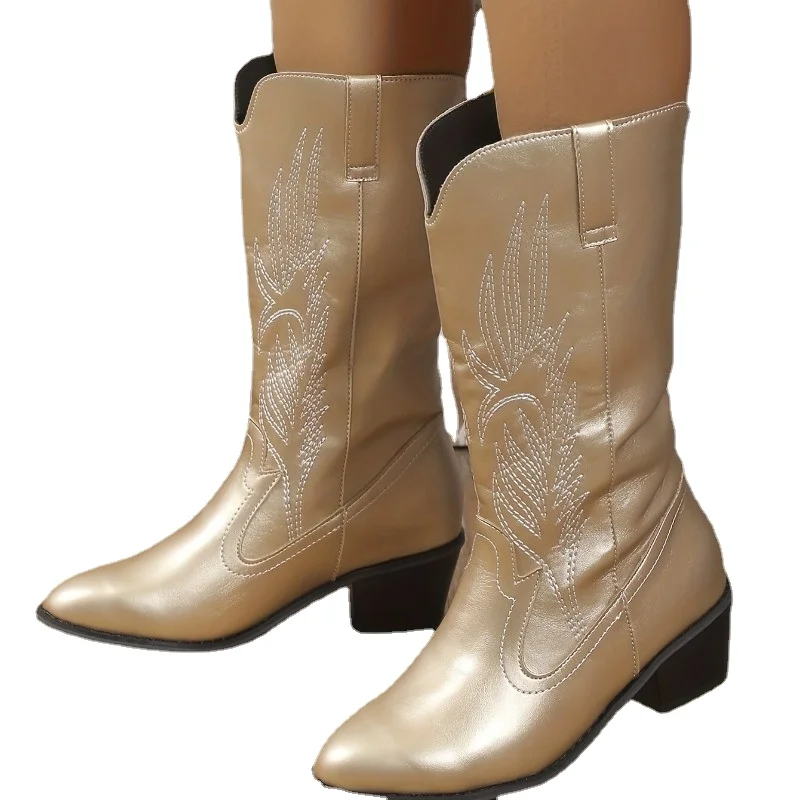 Ladies Shoes on Sale 2023 High Quality Slip on Women's Boots Autumn Pointed Toe Solid Mid-Calf Chunky Heels Zapatillas De Mujer