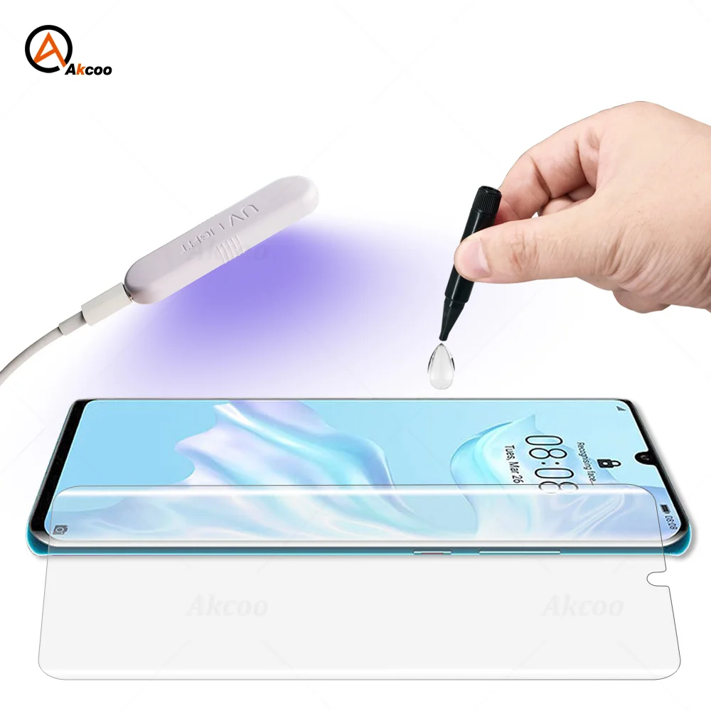 Akcoo Screen Protector for Huawei P30 Pro UV Full Screen Glue Tempered Glass Film for p30 pro UV Glass