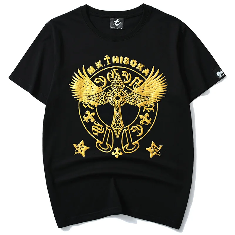 

Golden Bronzing Print Casual T Shirt For Men Short Sleeve Hip Hop Summer Quality Cotton Streetwear Loose Fit Camisetas De Hombre