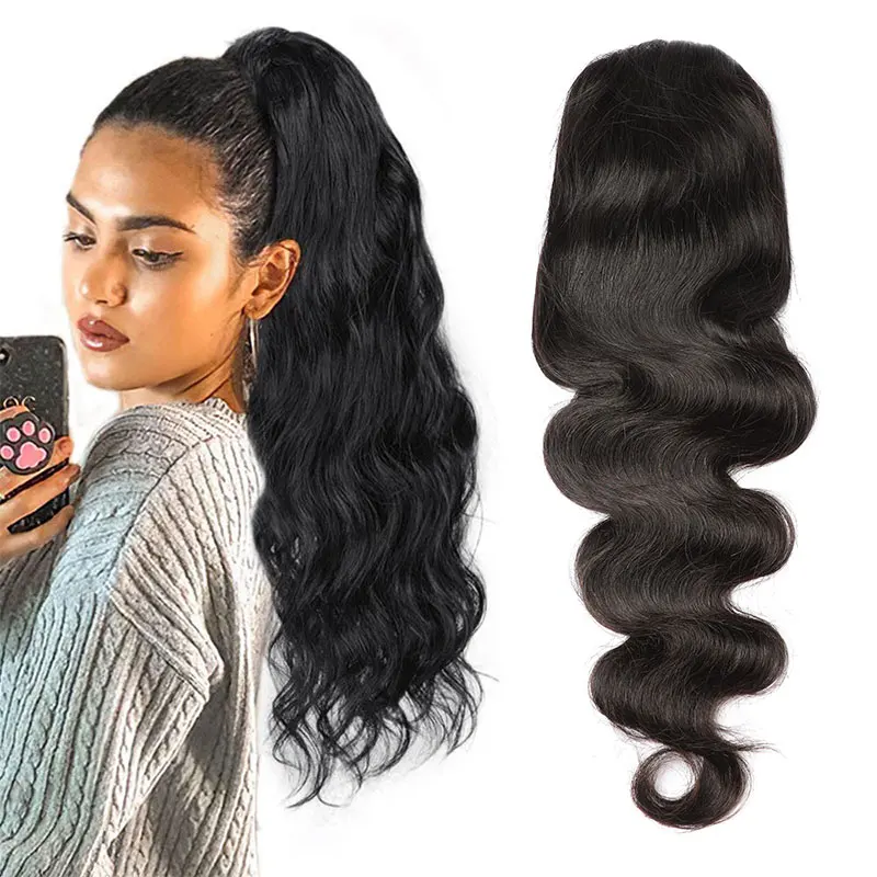 Newmi Body Wave Human Hair Ponytail Extensions for Women Natural Black Clip in Drawstring Ponytail Hair Extensions 8-26 inch 2