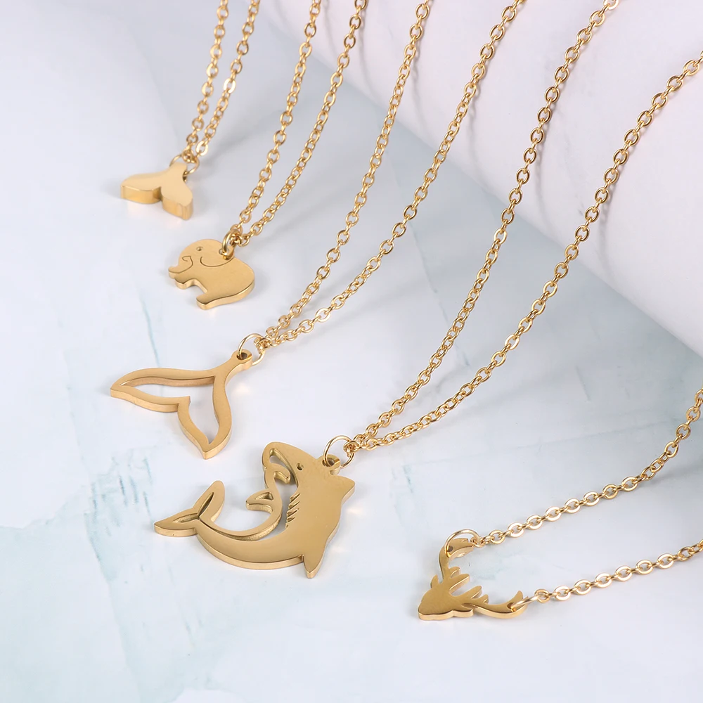 

5 Styles Animal Tiny Fish Tail Elephant Dolphin Charm Pendant Necklace for Women Stainless Steel Chain Necklaces Adjustable